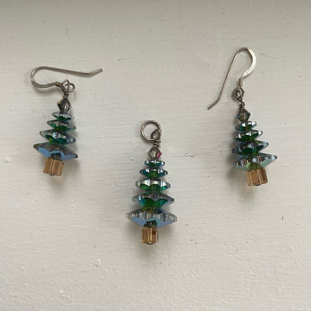 3pc Beaded Christmas Pine Evergreen Tree Earrings Necklace Pendant